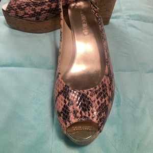 Cork EUC Jimmy Choo 8.5 snakeskin wedge platform open toe heels Spain summer